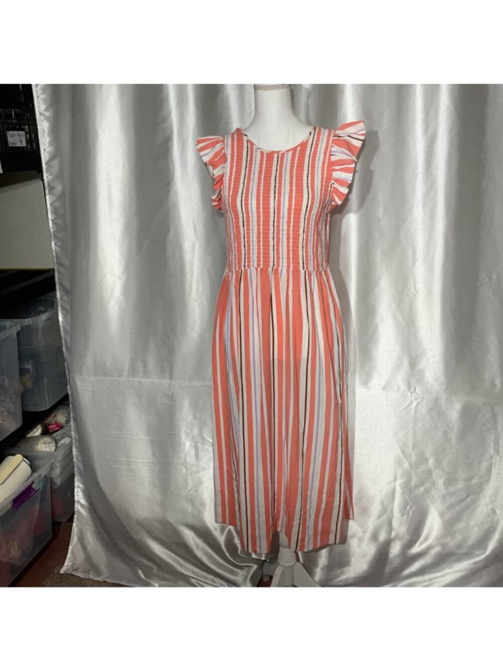 A new day Striped Coral & White Midi Dress size M With Ruffle Sleeves Smocked - Picture 6 of 11